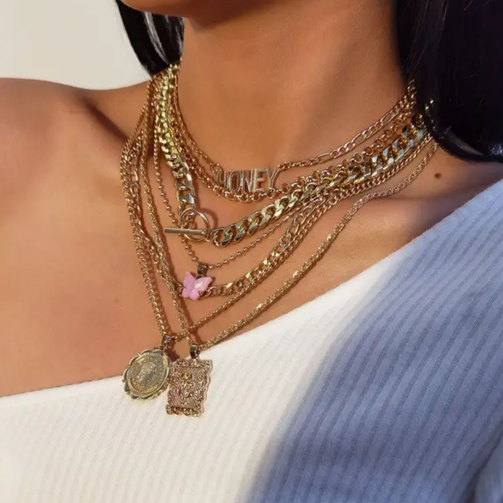 Gold and Pink 7 Layered Necklace with Pendant Details - Picture 6 of 7